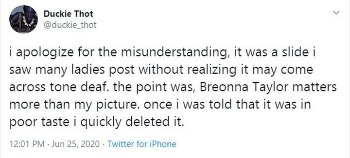 Duckie Thot Apologizes for Her 'Tone Deaf' Tweet About Breonna Taylor