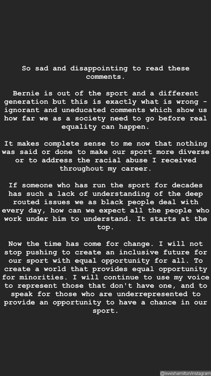Lewis Hamilton Reacts to Bernie Ecclestone's Comments About Racism