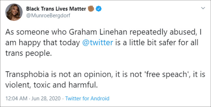 Munroe Bergdorf supports Twitter for suspending Graham Linehan
