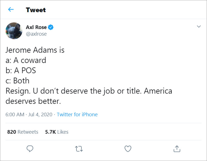 Axl Rose slammed Surgeon General Jerome Adams