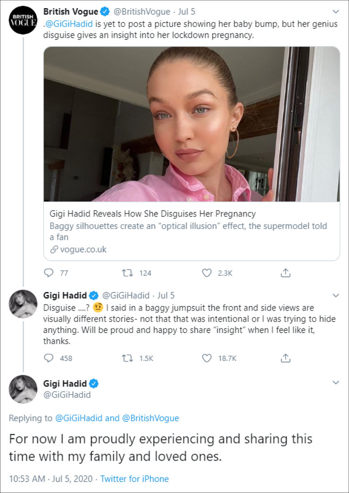 Gigi Hadid responds to a claim that she 'disguises' her baby bump