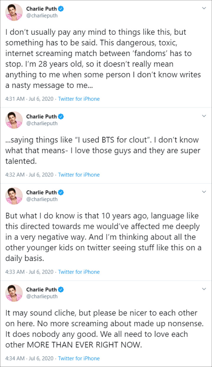 Charlie Puth calls out BTS' fans