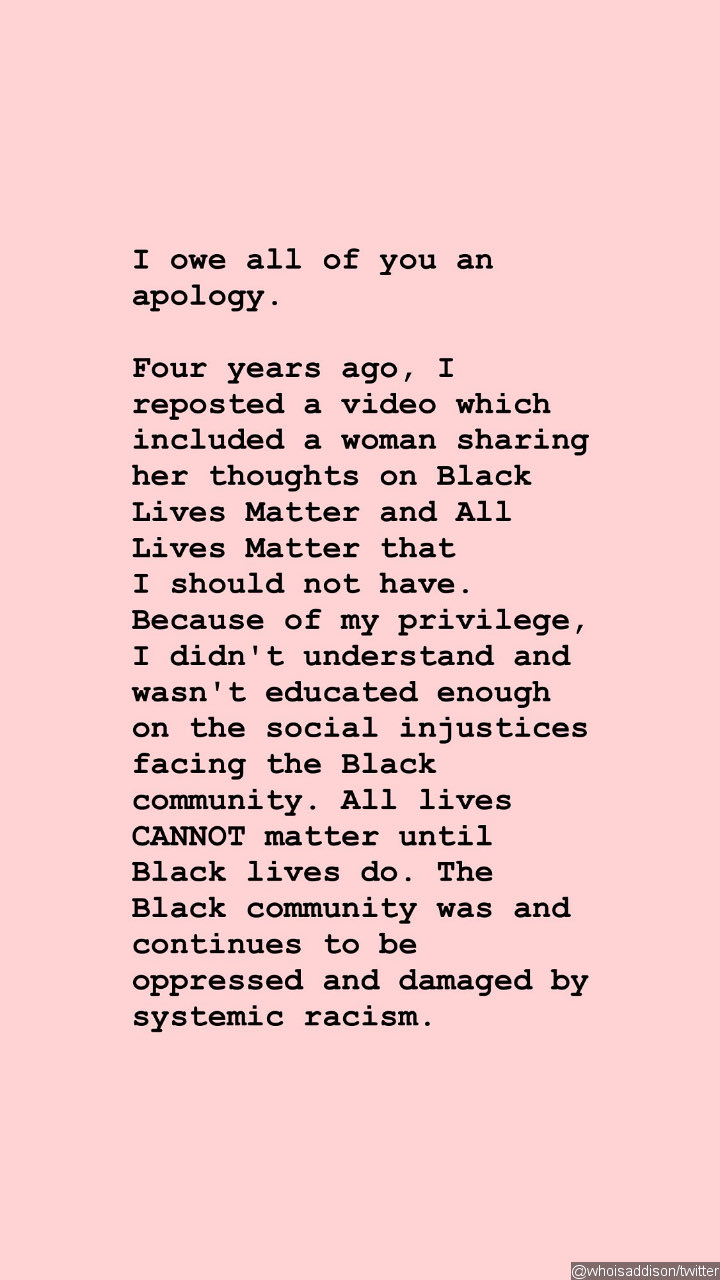 Addison Rae publicly apologized for supporting All Lives Matter