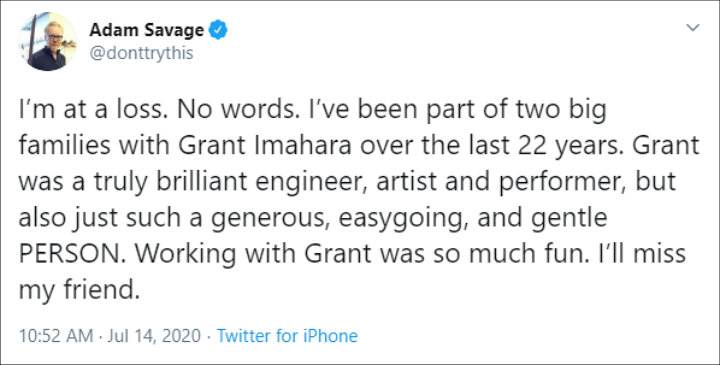 Adam Savage paid tribute to Grant Imahara