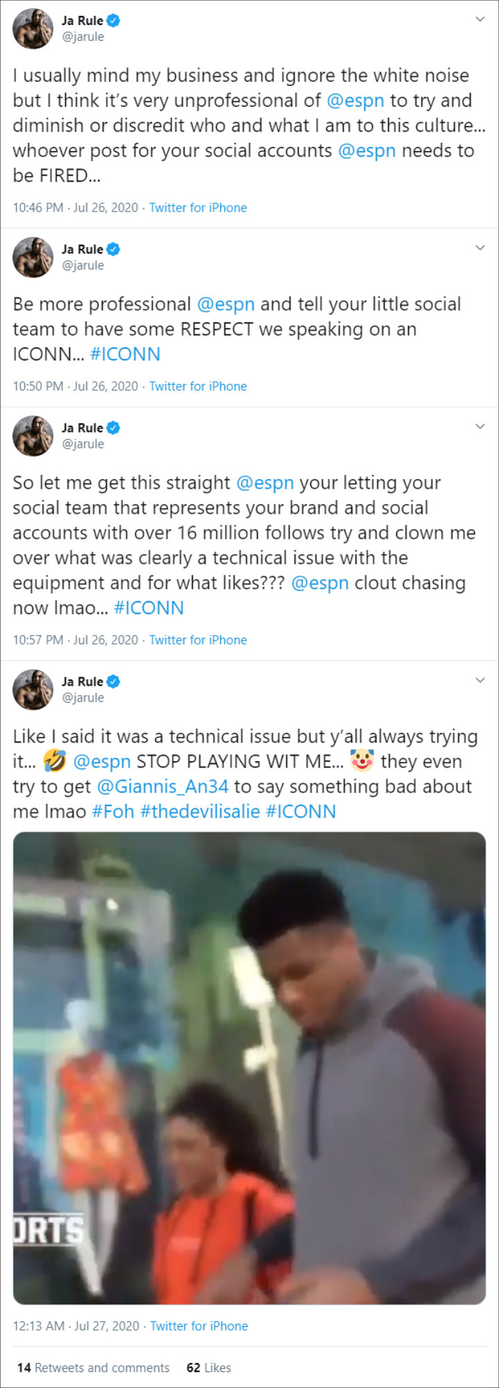 Ja Rule hit back at ESPN