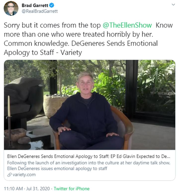 Brad Garrett's comment on Ellen DeGeneres' mistreatment scandal