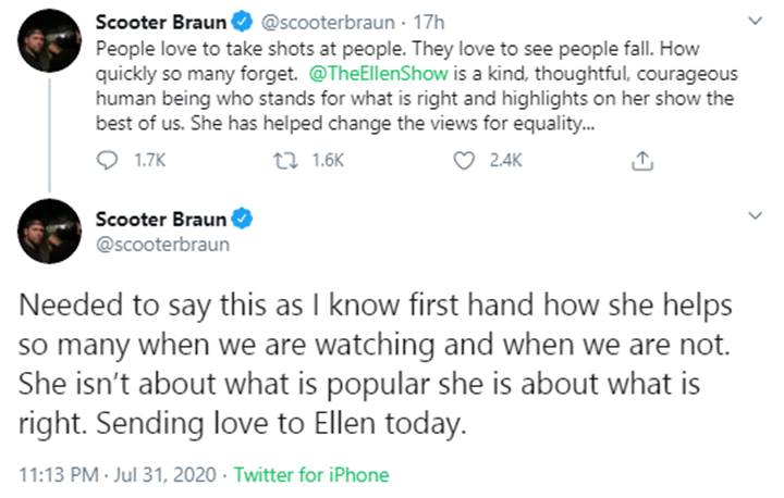 Scooter Braun defended Ellen DeGeneres