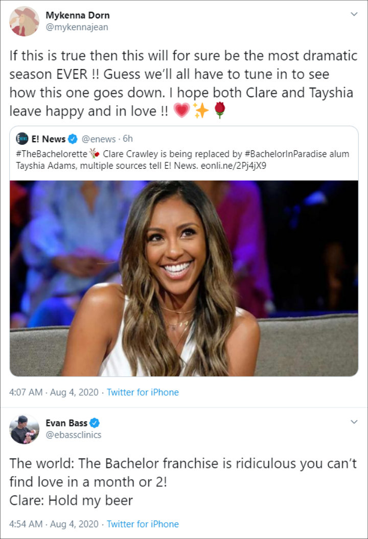 Stars' reaction to Tayshia Adams replacing Clare Crawley on The Bachelorette