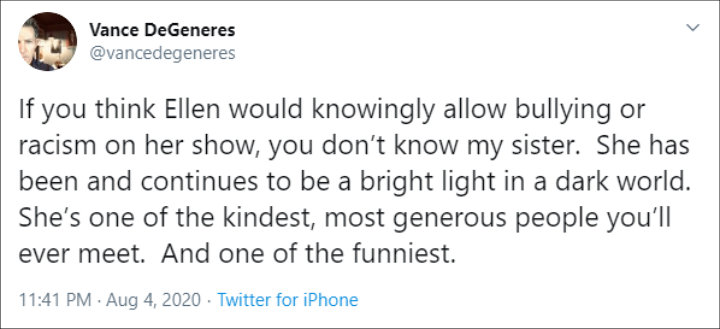 Vance DeGeneres defended his sister Ellen