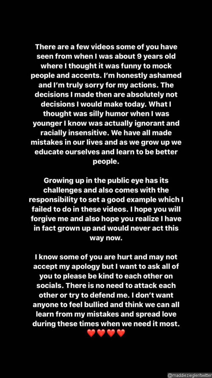 Maddie Ziegler's Statement of Apology