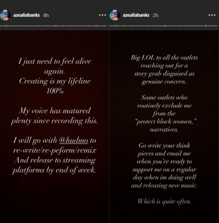 Azealia Banks' Instagram Story Posts After Suicide Scare