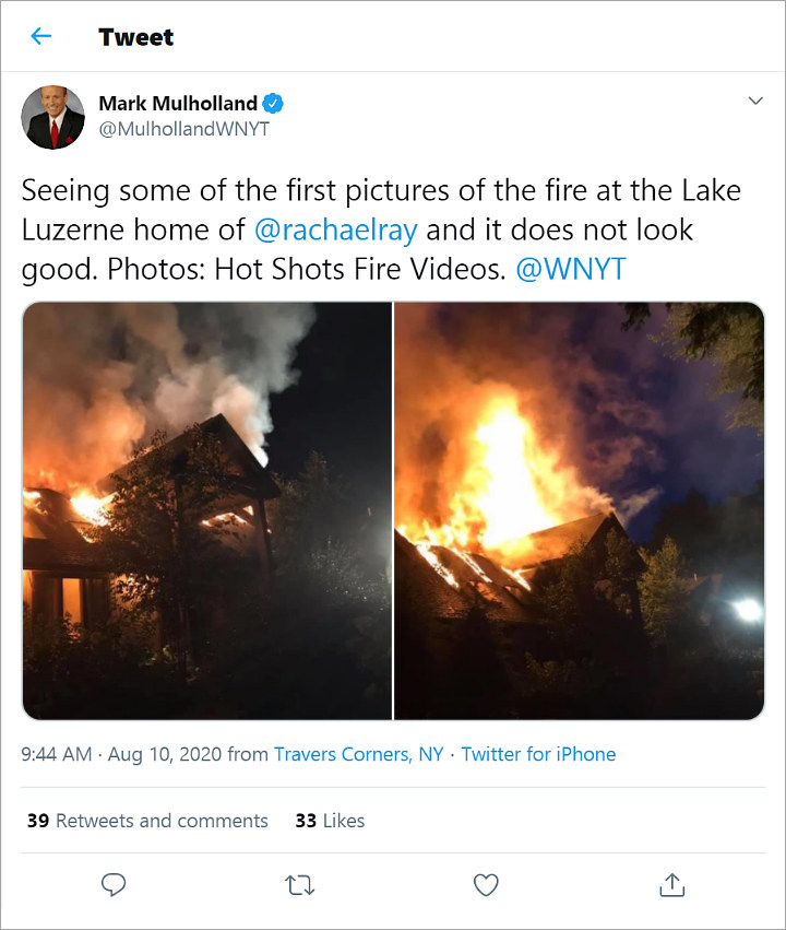 Fire ripped through Rachael Ray's house.