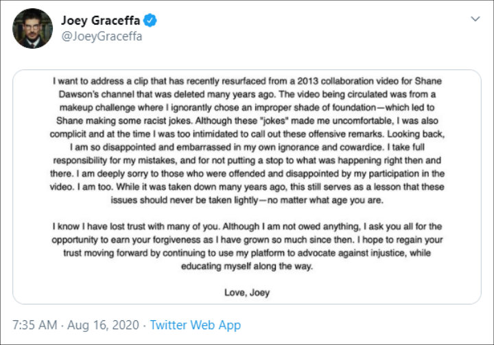 Joey Graceffa apologized to his response to Shane Dawson's racist remarks