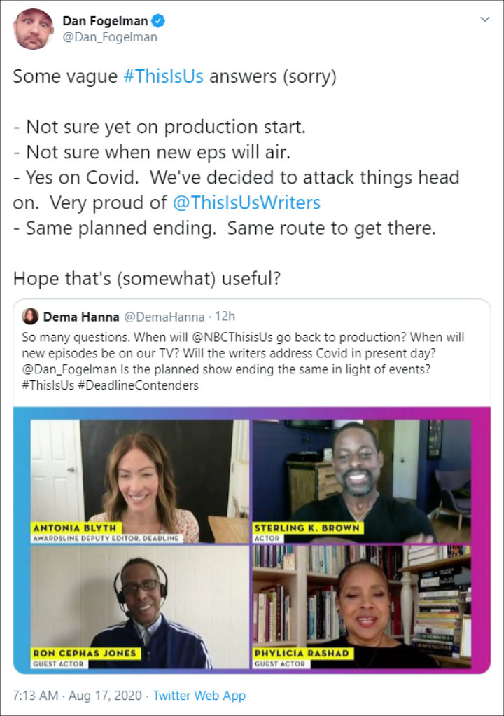 Series creator Dan Fogelman responded to a fan's questions.