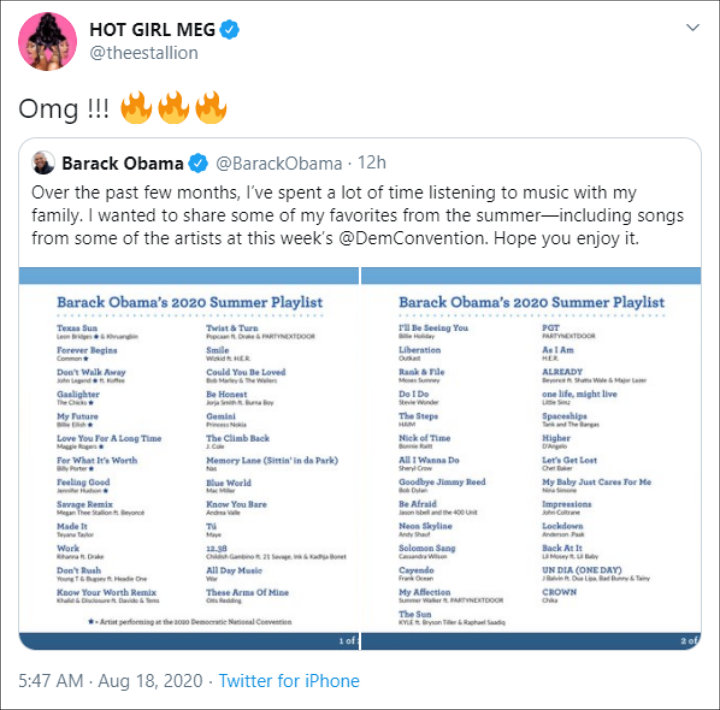 Megan Thee Stallion reacted to being included in Barack Obama's 2020 summer playlist