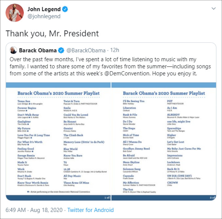 John Legend thanked Barack Obama for the musical support