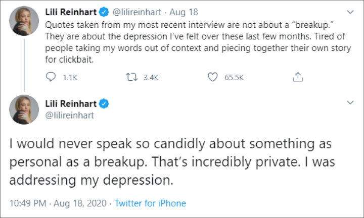 Lili Reinhart denied talking about splitting in a recent interview