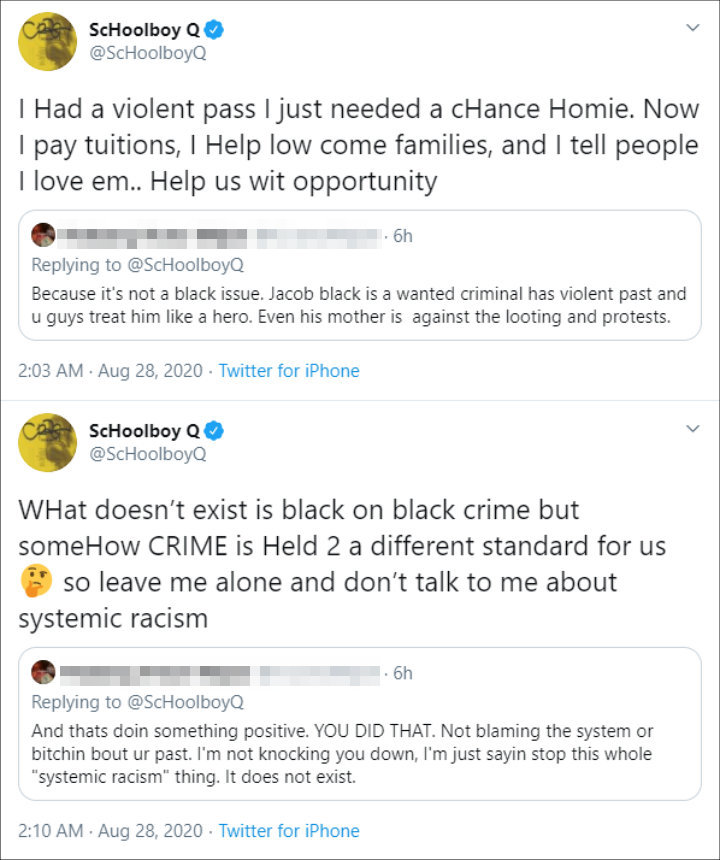 SchoolBoy Q clapped back at a troll calling Jacob Blake a criminal