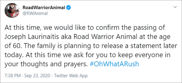 Tweet About Road Warrior Animal's Passing