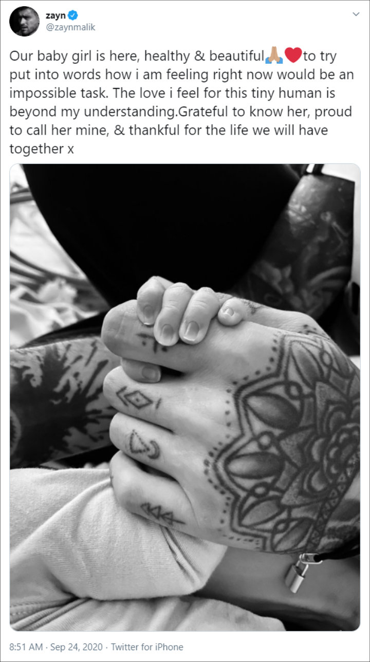 Zayn Malik Shares First Glimpse of His Daughter With Gigi Hadid