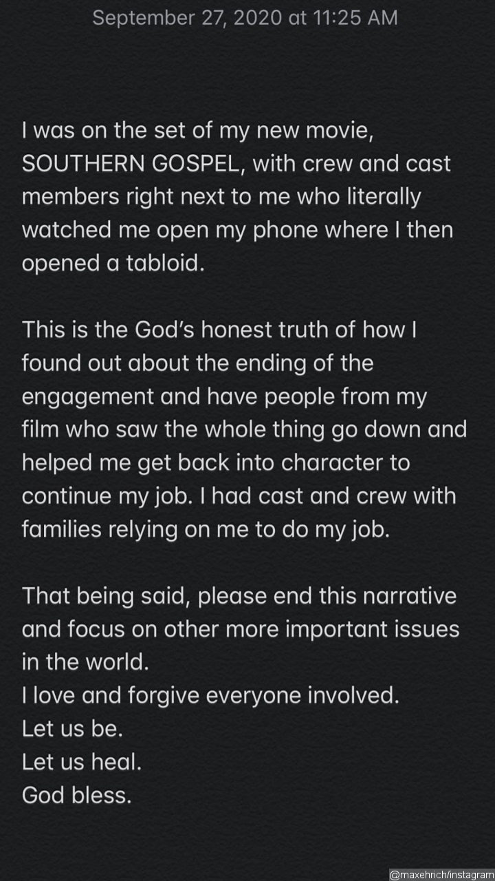 Max Ehrich's Instagram Story Post About Demi Lovato Split