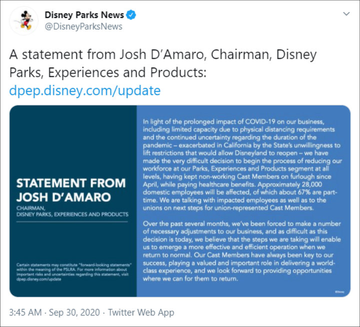 Statement From Chairman of Disney Parks