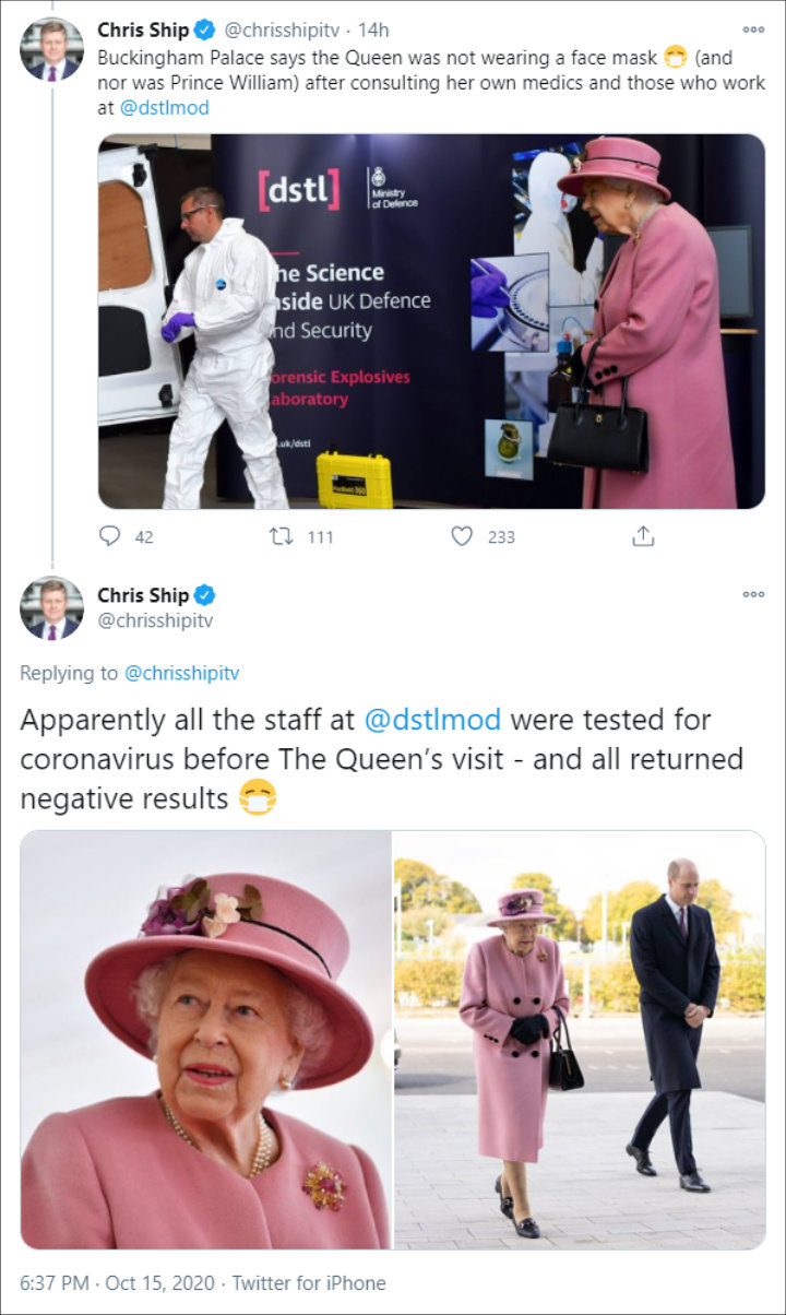 The Queen allegedly opted out a mask after consulting her medical team