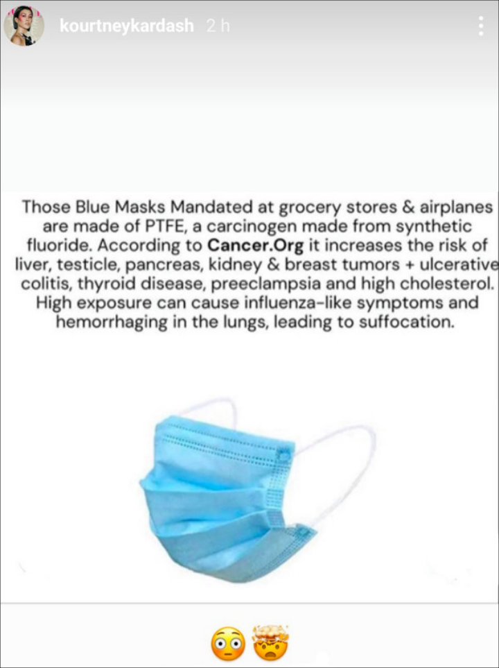 Kourtney Kardashian shared a conspiracy theory saying that face masks cause cancer