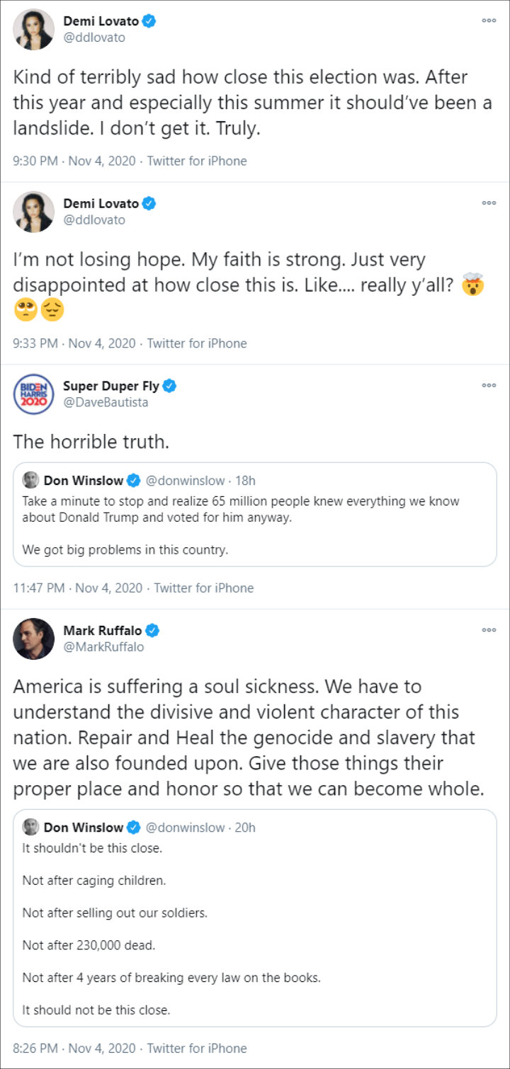 Demi Lovato Is Terribly Sad Over Election Results Dave Bautista Dubs It Horrible Truth Demi Lovato Is Terribly Sad Over Election Results Dave Bautista Dubs It Horrible Truth