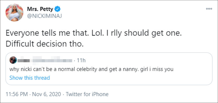 Nicki Minaj reveals she has yet to hire a nanny for her newborn