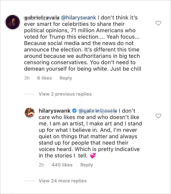 Hilary Swank's IG Comment