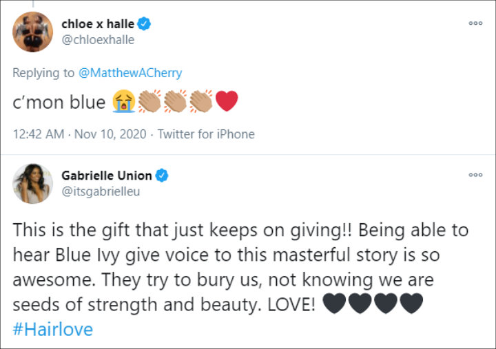 Chloe X Halle and Gabrielle Union's Tweet