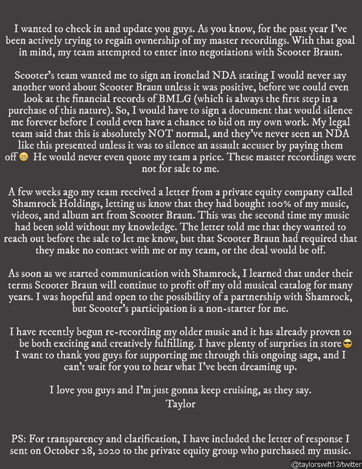 Taylor Swift Rips Scooter Braun for His Fishy Offer After Selling Her