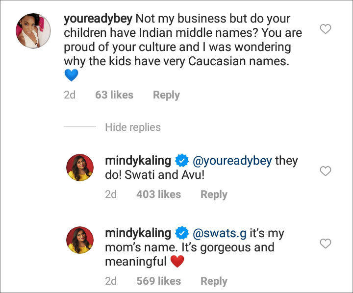 Mindy Kaling's IG Comment
