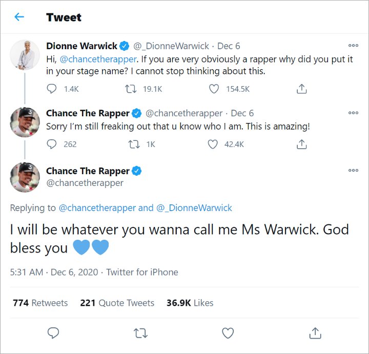 Dionne Warwick and Chance the Rapper's Tweets