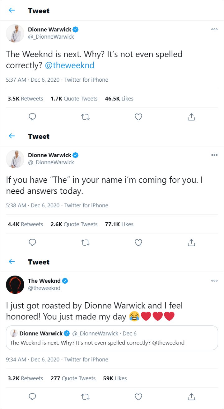 Dionne Warwick and The Weeknd's Tweets
