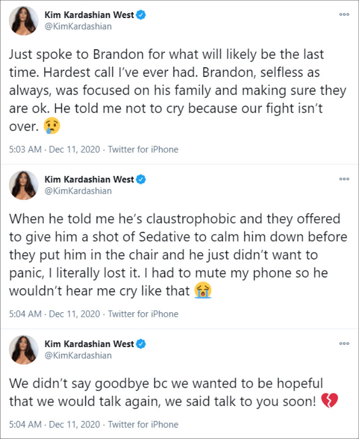 Kim Kardashian recalled her heartbreaking phone call with Brandon Bernard