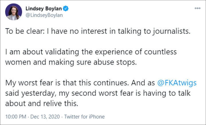 Lindsey Boylan's Tweet