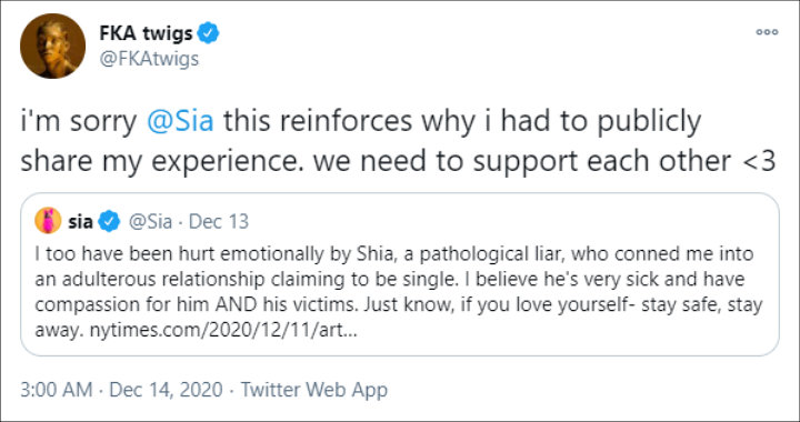 FKA twigs' Reply to Sia's Tweet