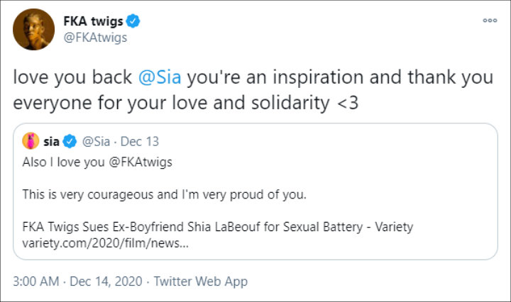 FKA twigs' Reply to Sia's Tweet