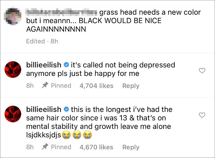 Billie Eilish's IG Comment