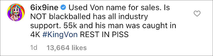 6ix9ine's Comment on Instagram