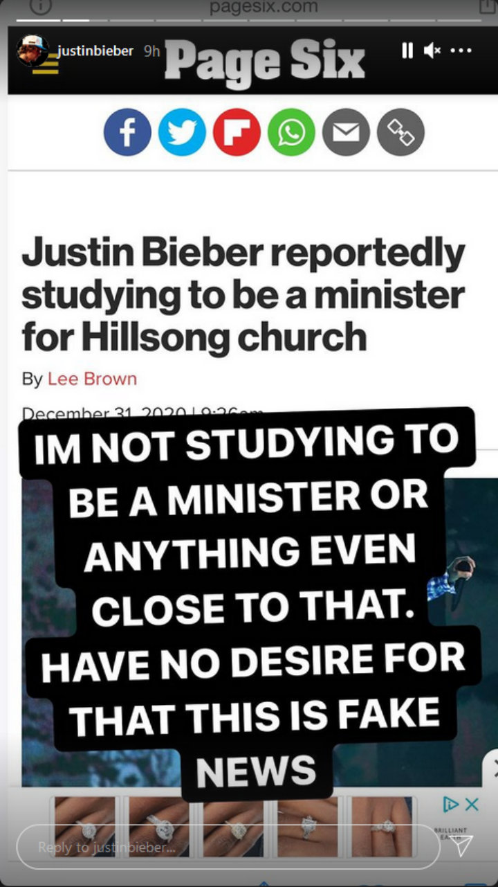 Justin Bieber's IG Story