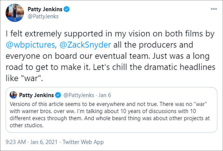 Patty Jenkins' Twitter Post