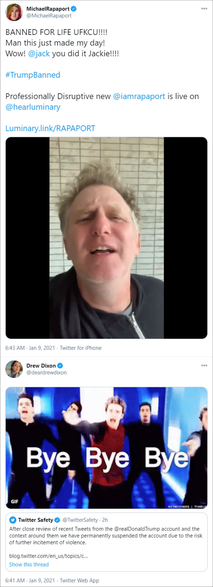 Michael Rapaport and Drew Dixon also reacted to Trump's Twitter ban