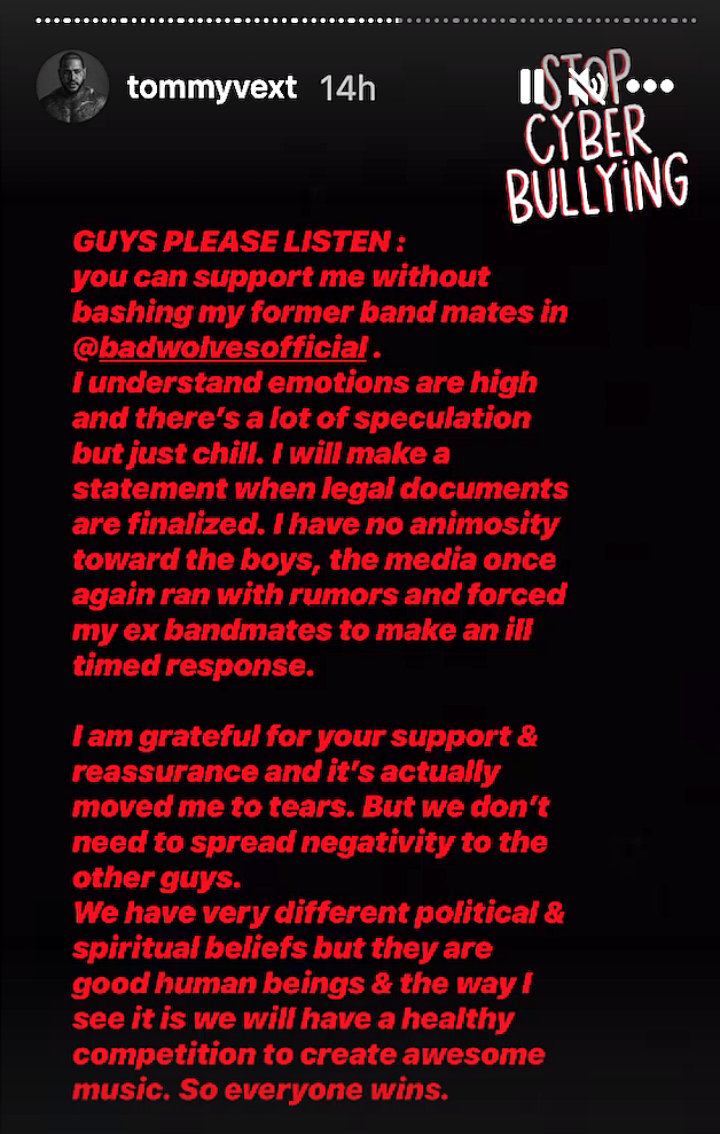 Tommy Vext's IG Story