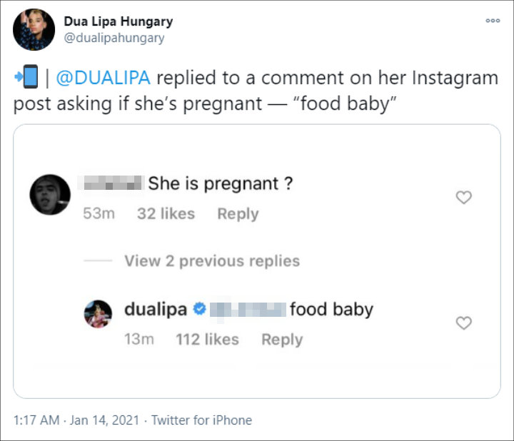 Dua Lipa's IG Comment