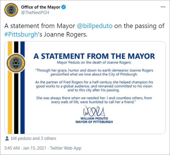 Pittsburgh Mayor Bill Peduto's Tweet