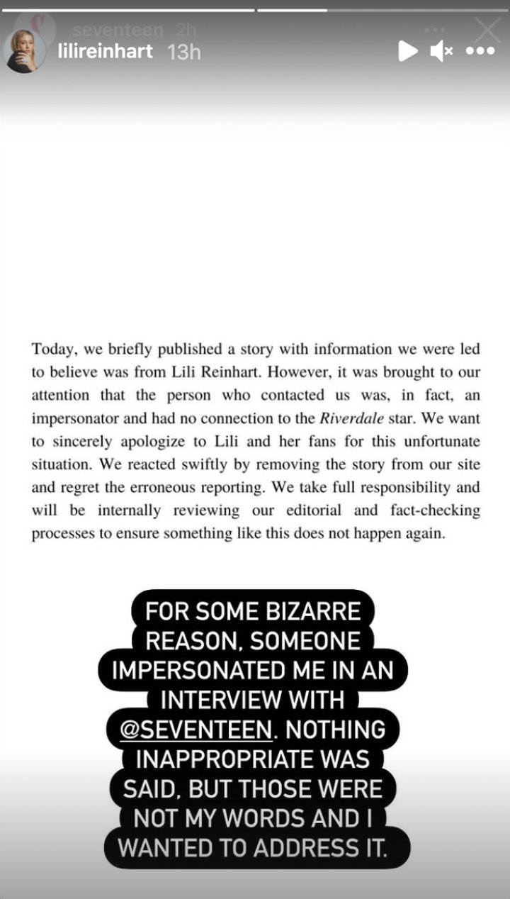 Lili Reinhart's IG Story
