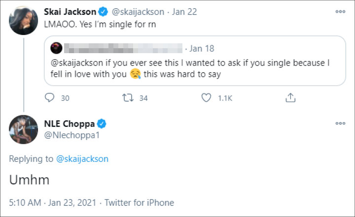 NLE Choppa's Response to Skai Jackson's Tweet